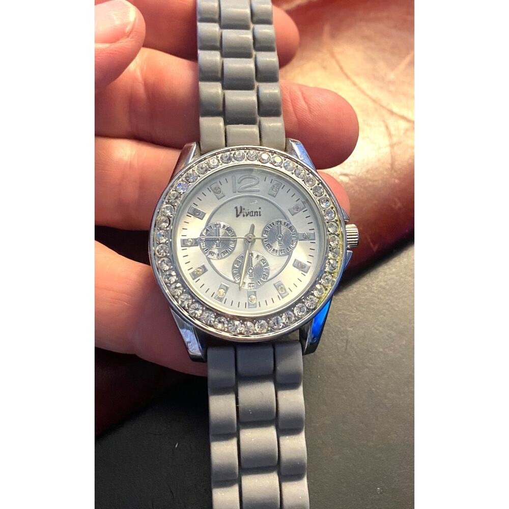 Women's Silver Tone Vivani Watch, Crystal Accented Bezel and Face, Poly Band